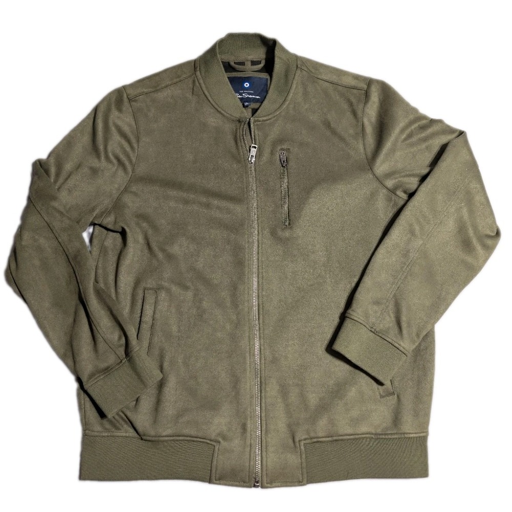 Ben Sherman Mens M Olive Green Suede Look Bomber Jacket Full Zip